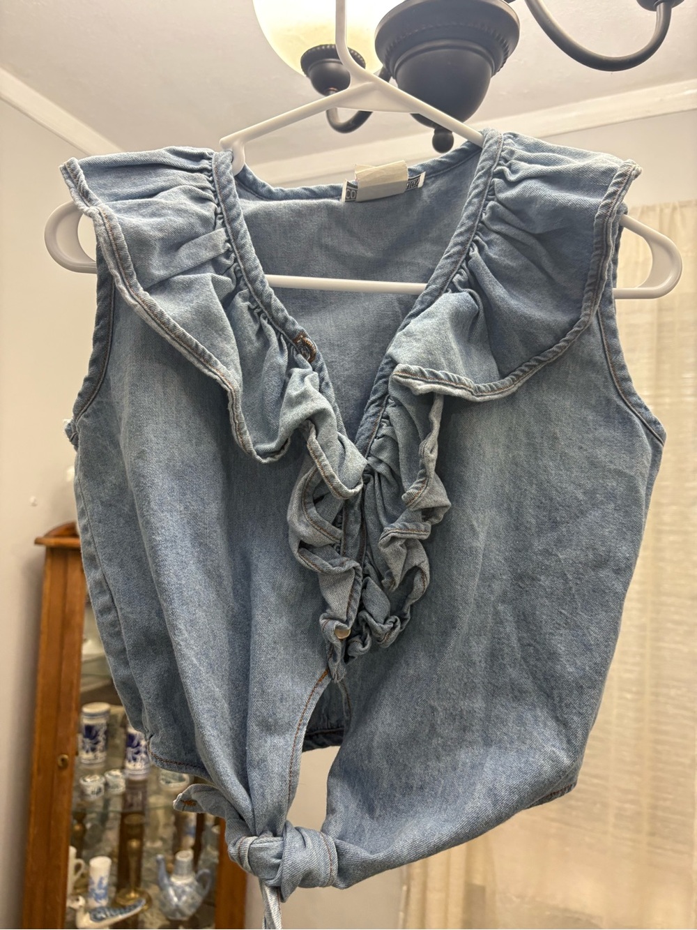 Vintage Sleeveless Ruffle Tie-Front Denim Top - Light Blue